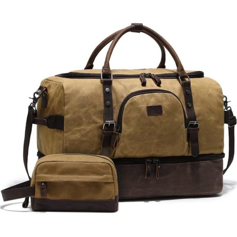 Large Weekender Bag Brown Canvas Leather Shoe Compartment